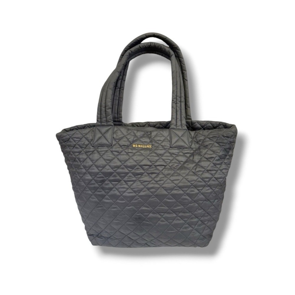 MZ WALLACE  Medium Gray Quilted Metro Tote Bag Lightweight Vachetta Leather Trim